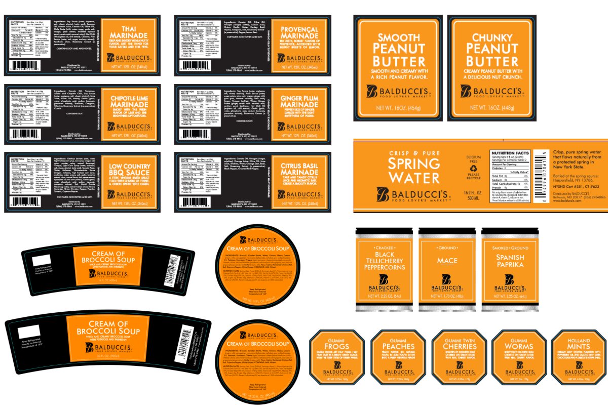 photo illustrating brand consistency for private labels that are applied to a variety of packaging products and sizes for tall glass marinade bottles, wide peanut butter jars, curved side labels for tapered plastic soup containers with companion top round lids, metal spice tins with short, medium and long product names and finally octagonal plastic candy tub containers  